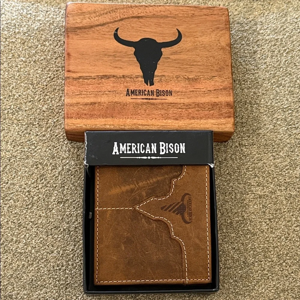 AMERICAN BISON GENUINE LEATHER BROWN MEN'S WALLET Tin Box NEW